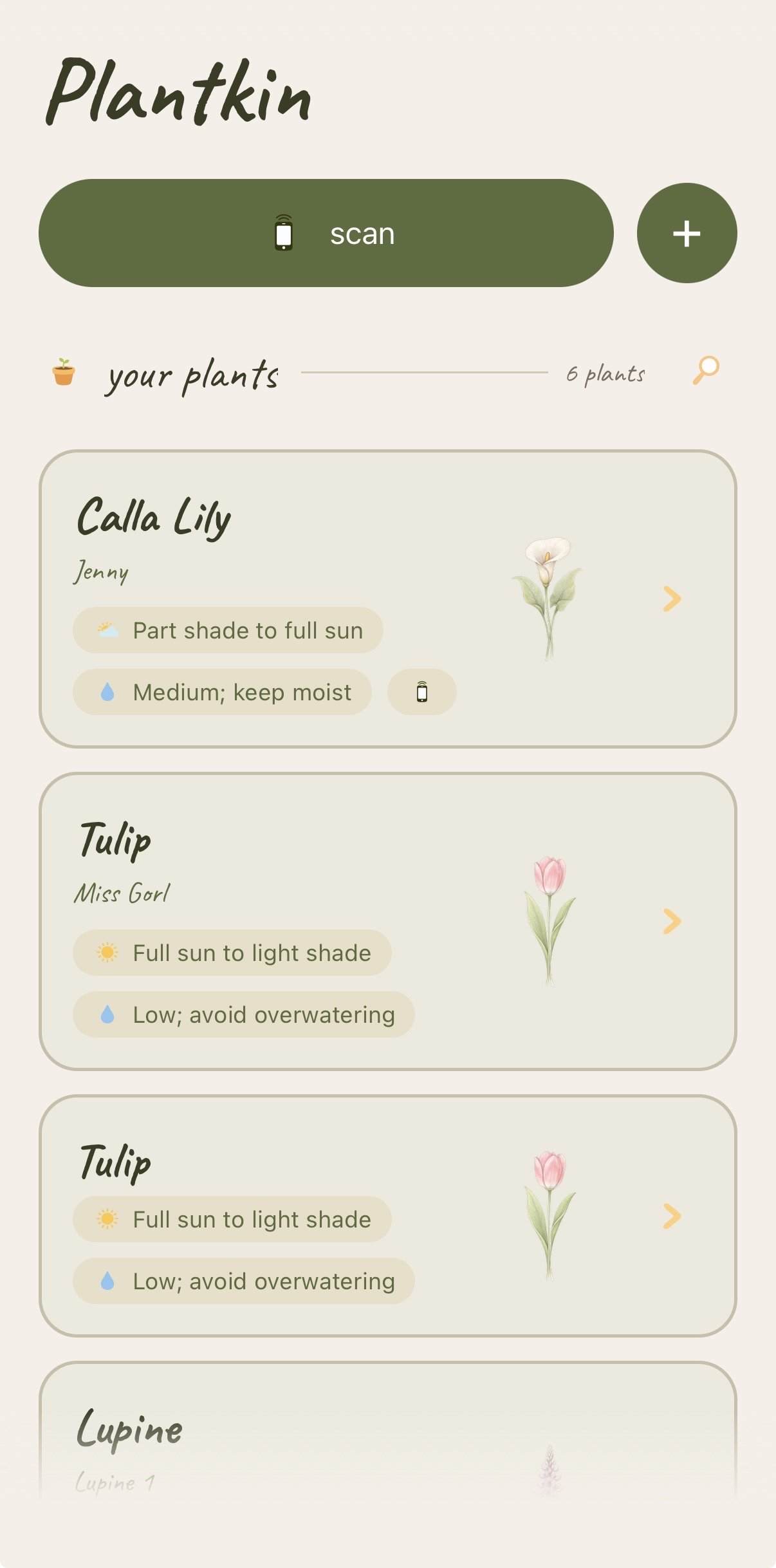 Plantkin plant list screen